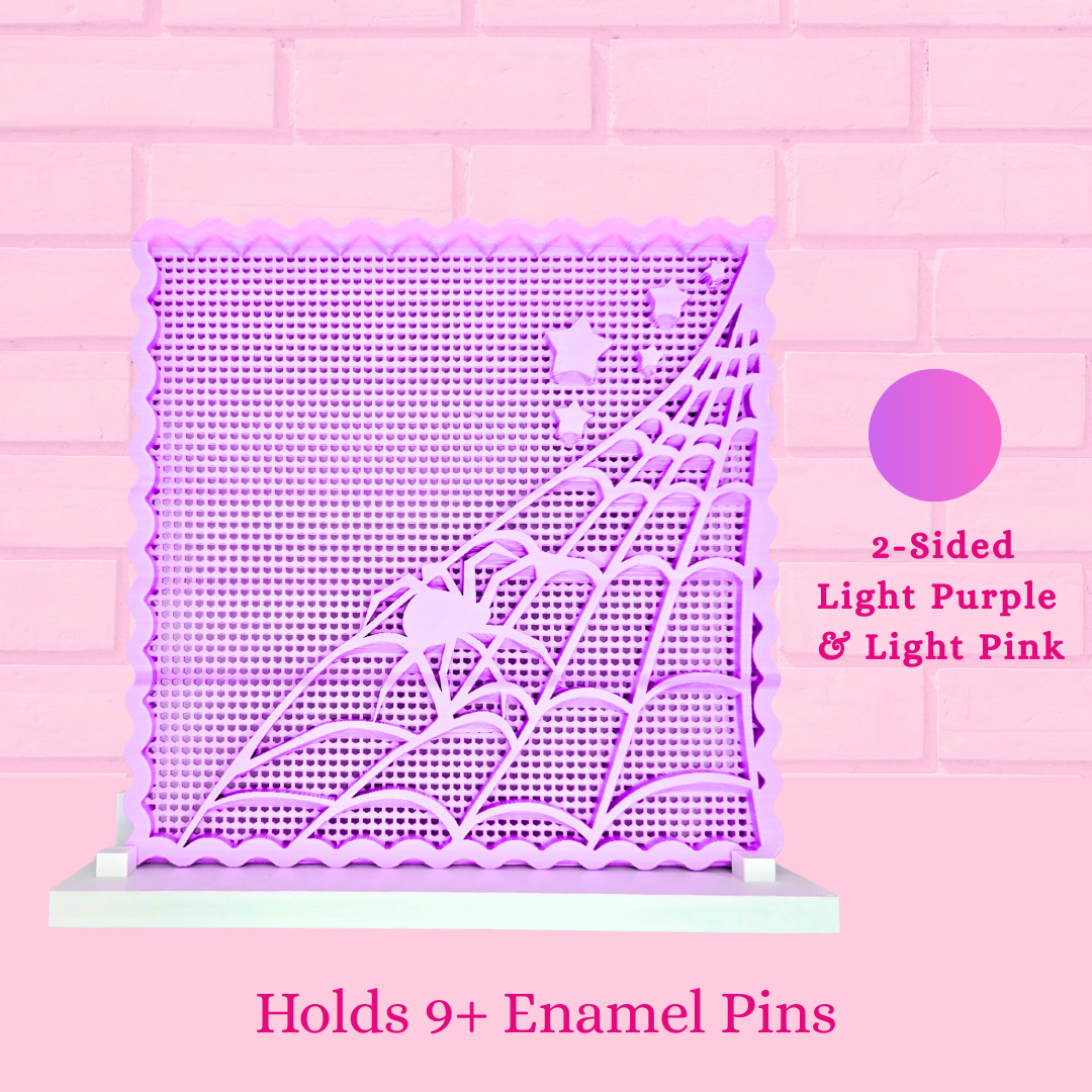 2 sided light purple and light pink spider web stamp pin board holds 9+ enamel pins.