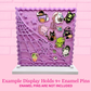 Spider web stamp pin board with 12 enamel pins, with the words Example Display holds 9+ enamel pins, enamel pins are not included.