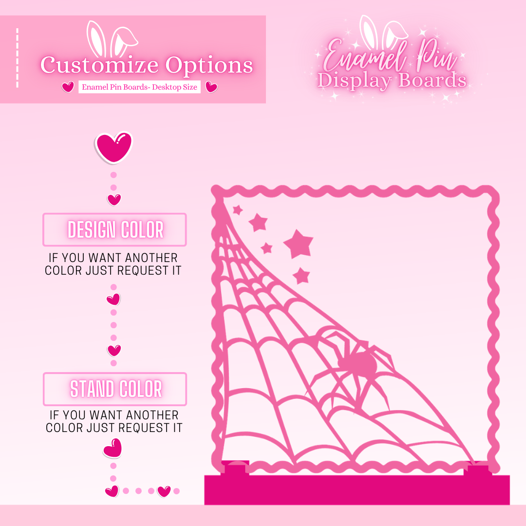 Pink display board with customizable options for design and stand color on a pink background.