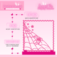 Pink enamel pin display board with measurements and product details on a pink background