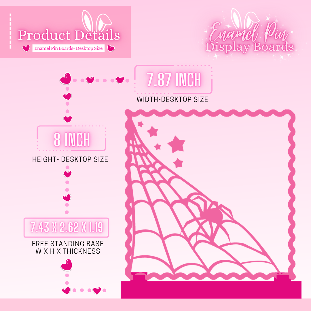 Pink enamel pin display board with measurements and product details on a pink background