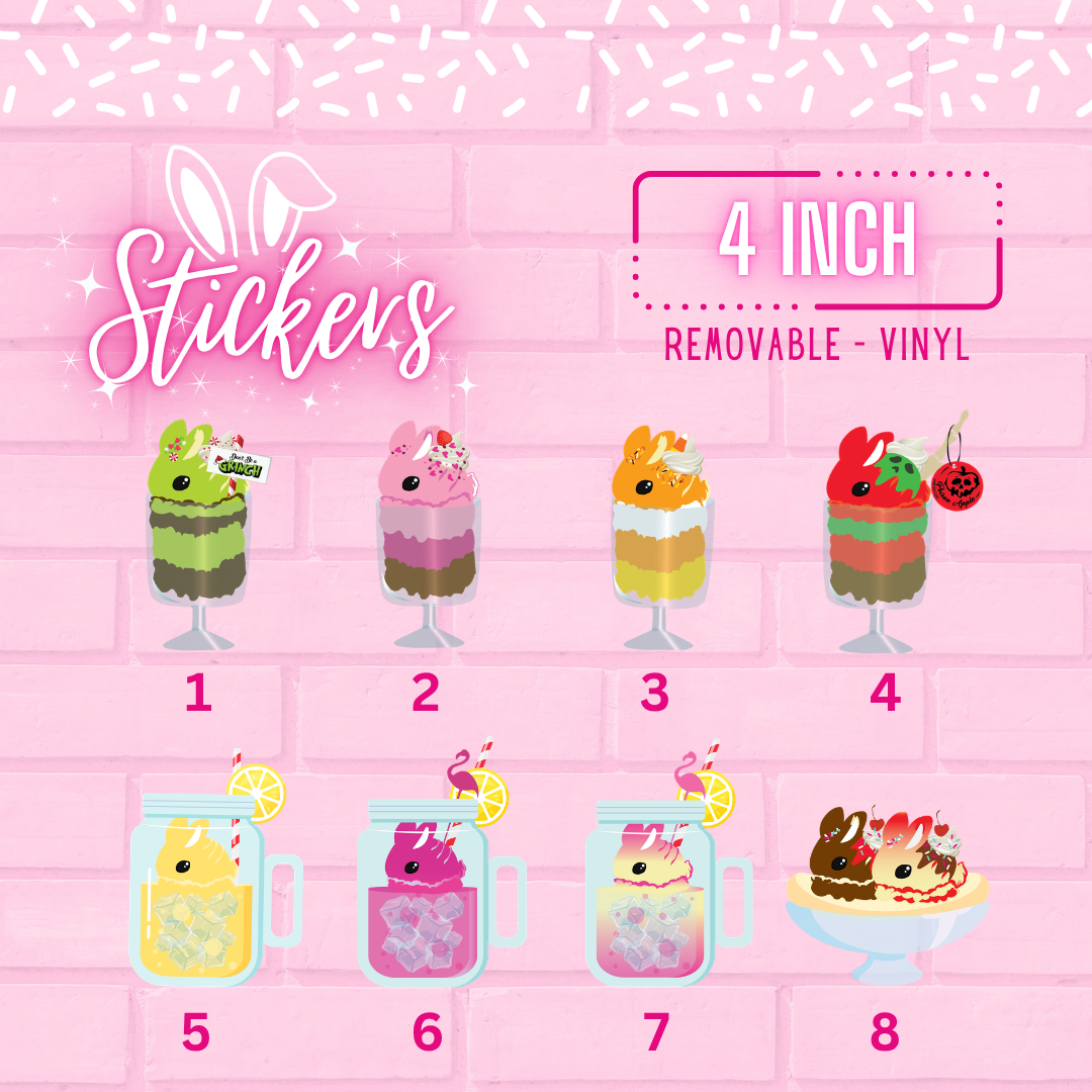 Stickers 1 through 8 are shown, the grinch tall sundae, the Valerie hearts tall sundae, Candice tall sundae, Poison apple bunny tall sundae, classic lemonade, hot pink lemonade, pink lemonade, and sweethearts banana split.