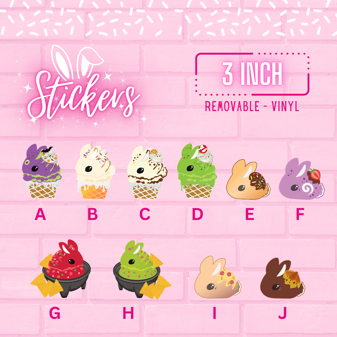 Stickers A through J are shown, which are the purple monster cone, vanilla mixed sprinkle cone, cookie dough cone, slimer cone, chocolate donut, purple cake roll, salsa, guacamole, pepperoni pizza popper, and chocolate caramel pecan. The words Vinyl stickers removable and three inch are shown.
