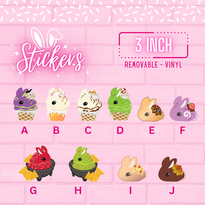 Stickers A through J are shown, which are the purple monster cone, vanilla mixed sprinkle cone, cookie dough cone, slimer cone, chocolate donut, purple cake roll, salsa, guacamole, pepperoni pizza popper, and chocolate caramel pecan. The words Vinyl stickers removable and three inch are shown.