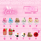 Stickers K through V, pink cotton candy dish, blue cotton candy, peanut butter chocolate dish, cookies n cream dish, strawberry cheesecake dish, raspberry cheesecake dish, bloody mary, poison apple, ikura sushi bunny, shako sushi bunny, loaded bunny, and poison apple mini sign which is two inches. The words Vinyl stickers removable and three inch are shown.