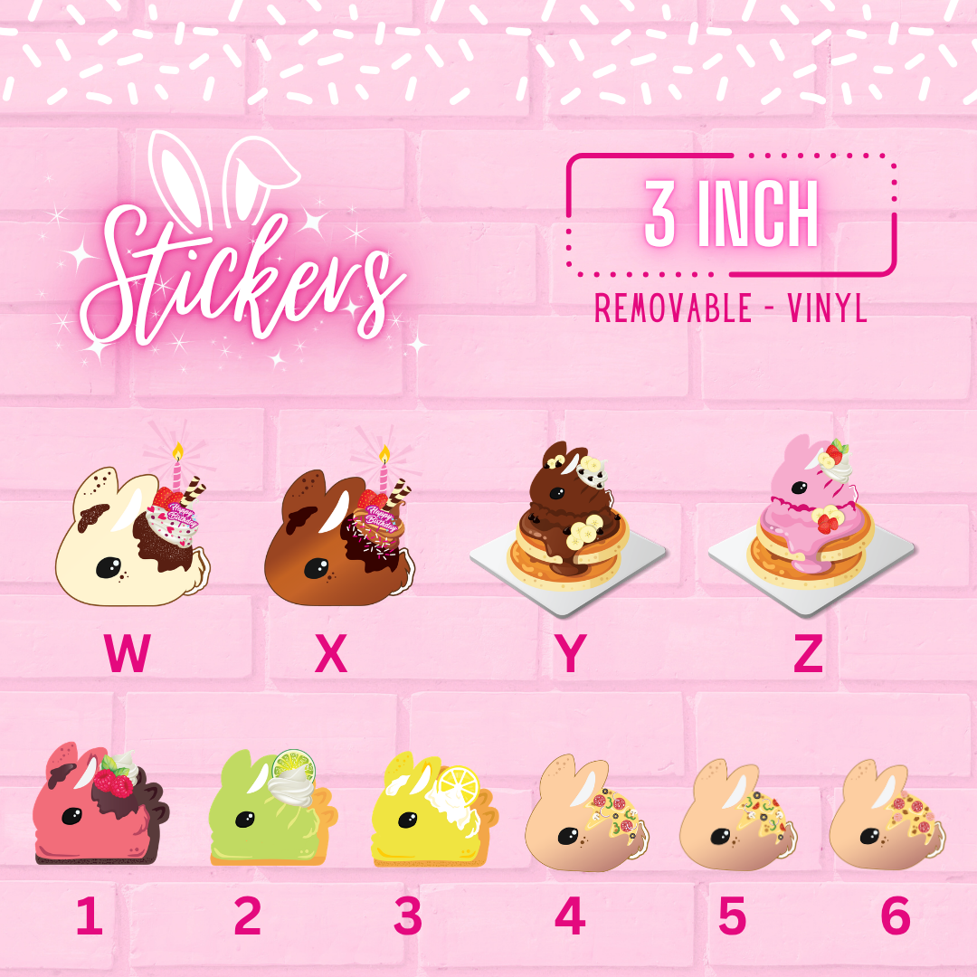 Stickers W through Z, and 1 through 6 are shown, which are two birthday stickers, two pancake stickers, cherry pie, key lime pie, lemon pie, and pizza poppers. The words Vinyl stickers removable and three inch are shown.