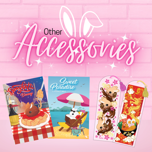 A pink promotional graphic for 'Other Accessories' showing three illustrated Mini Art and two bookmarks, all with cartoon animal designs on a pink brick background.