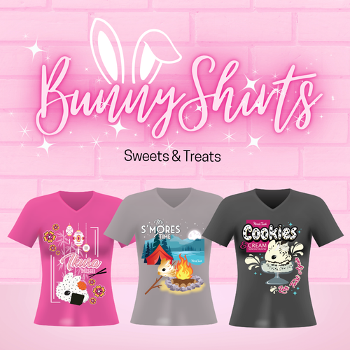 Three women's V-neck t-shirts displayed against a pink brick wall background with a 'BunnyShirts' logo. The shirts are pink, gray, and dark gray, each featuring a different cartoon bunny-themed graphic, including a sushi illustration, a camping scene, and a Hello Kitty cookie graphic.