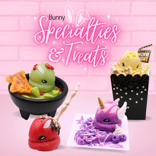A promotional graphic for 'Bunny Specialties & Treats' showing four cute, character-themed desserts: a green cactus in a black bowl, a red monster treat with a wooden stick, a purple unicorn on a white plate, and a yellow popcorn character in a black popcorn bucket, all set against a pink brick wall background.