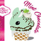 The front of the character card shows the mint chocolate green ice cream cone with chocolate drizzle and sprinkles near the swirl of the whipped cream, with green mint leaves.