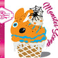The front of the character card shows the digital artwork of the Monster Scoop, a orange ice cream cone with a blue eye in the center, green drizzle with chocolate bits, pumpkin sprinkles, a black spider and web near the top of the bunny next to swirl of the whipped cream.