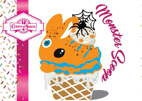 The front of the character card shows the digital artwork of the Monster Scoop, a orange ice cream cone with a blue eye in the center, green drizzle with chocolate bits, pumpkin sprinkles, a black spider and web near the top of the bunny next to swirl of the whipped cream.