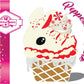 The front of the character card shows the digital artwork of Peppermint Bark, a white and red ice cream bunny with peppermint pieces and a peppermint candy on top of the bunny near the whipped cream swirl.