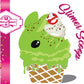 The front of the character card shows the digital artwork on the Slimer Scoop, a green ice cream bunny cone with green drizzle and brown bits, a ghost buster logo near the whipped cream swirl on top.