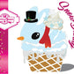 The front of the character card shows the digital artwork of Snow Bunny, a light blue ice cream scoop with a carrot nose, red ribbon, a black top hat, and holly leaves with berries near the blue glittered and blue snow flaked whipped cream swirl on the top of the bunny.