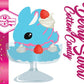Cute kawaii Berry Swirl Cotton Candy ice cream sundae character card front which shows the digital artwork.  The artwork shows with pink glaze, strawberries, and whipped cream swirls in the dish.  