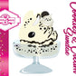 Cute kawaii bunny cookies and cream character card front, which has the digital artwork of the character, the name as Cookies & Cream Sundae, with the cotton tail sweets logo. The artwork shows a cookies and cream ice cream white scoop sundae with whipped cream swirls and black white crumbles in the dish. A black and white sandwhich cookie is on top of the resin bunny, sprinkled with black and white crumbles and a swirl of whipped cream.