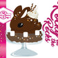 Cute kawaii bunny Rocky on the Rocks character card front, which has the digital artwork of the character, the name as Rocky on the Rocks, with the cotton tail sweets logo. The artwork shows rocky on the rocks ice cream brown sundae with marshmallows. The bunny sundae has two swirls of solid chocolate that stick up and a swirl of whipped cream is on the back. There are white and light brown sprinkles over the bunny.