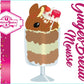 The front of the character card for Gingerbread Mousse shows the digital artwork. The digital artwork shows the tall ice cream sundae that has a marshmallow with glittery red glaze in the dish and the bunny has peppermint candies, a strawberry, and a swirl of whipped cream on top.